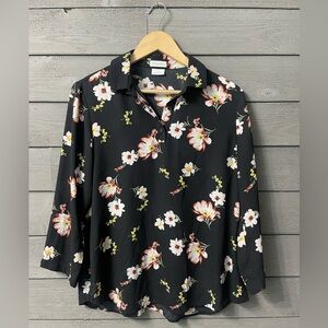 Van Heusen Black Floral Semi Sheer 3/4 Sleeve Blouse Sz Large